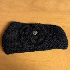 Cozy Black Knit Flower Headband with Accent Button